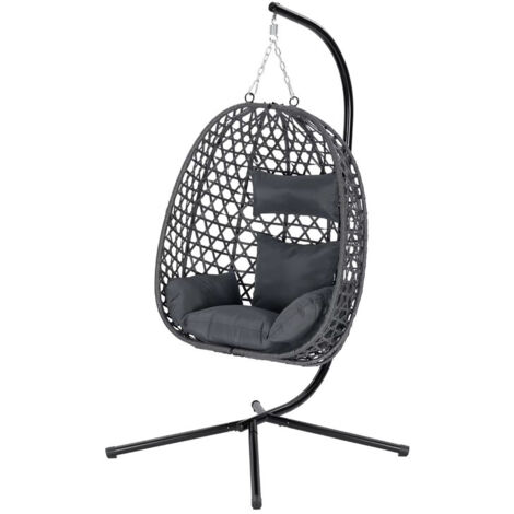 Chaise hamac suspendue avec coussin et appui tête, structure métal en acier galvanisé avec support, pour intérieur et extérieur, jardin balcon, charge 150 kg, 102 x 100 x 196 cm, gris foncé
