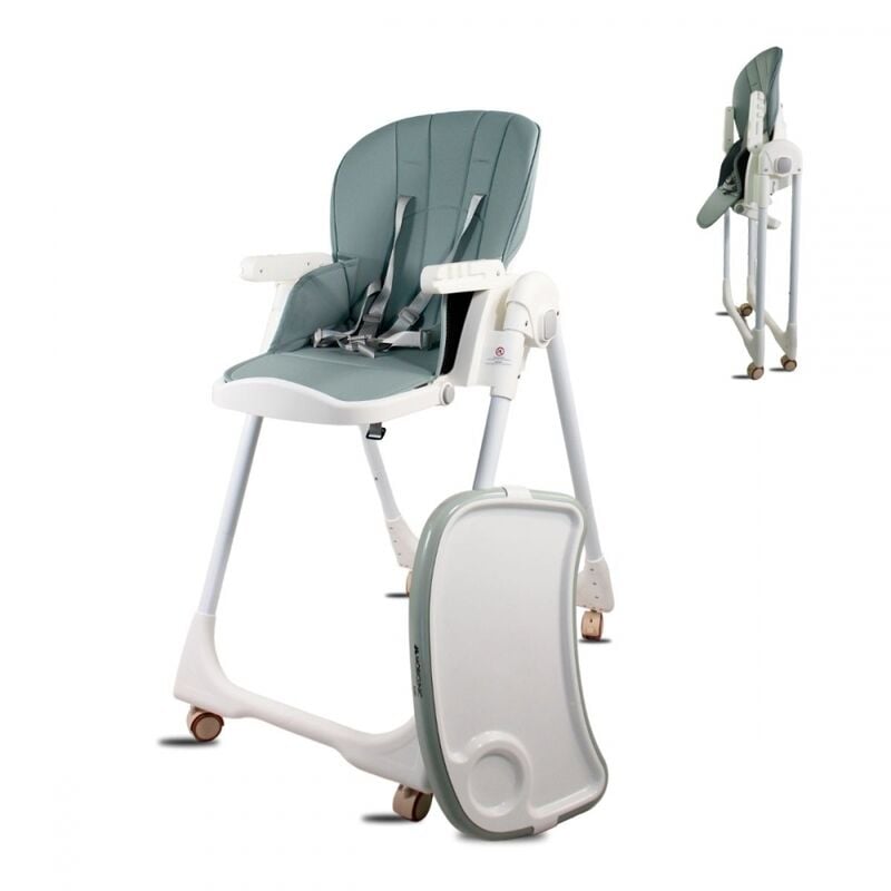 Mobiclinic - Chaise haute à roulettes Réglable en hauteur Pliable Plateau amovible Harnais de sécurité Vert Simba