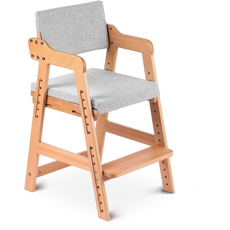 Chaise Haute Bébés Évolutif en Bois de Hêtre, 6 Hauteurs Réglables, Coussins Amovible Lavable, Multifonction Chaise Enfant Stable Solide,Marron clair