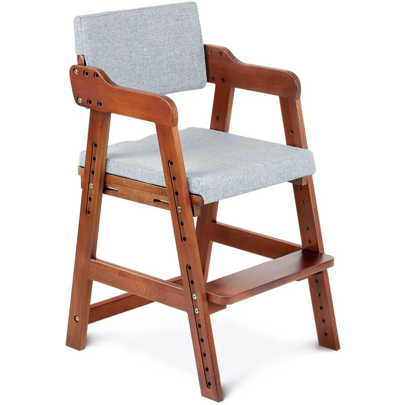 Chaise Haute Bébés Évolutif en Bois de Hêtre, 6 Hauteurs Réglables, Coussins Amovible Lavable, Multifonction Chaise Enfant Stable Solide,Marron