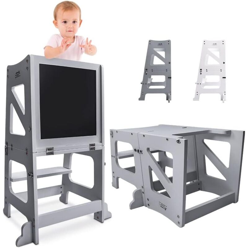 Chaise Haute Bébé 2 en 1,Tour d'apprentissage Pliable en Bois avec Tableau Magnétique Double-Face,Transformable Table et Chaise,Gris