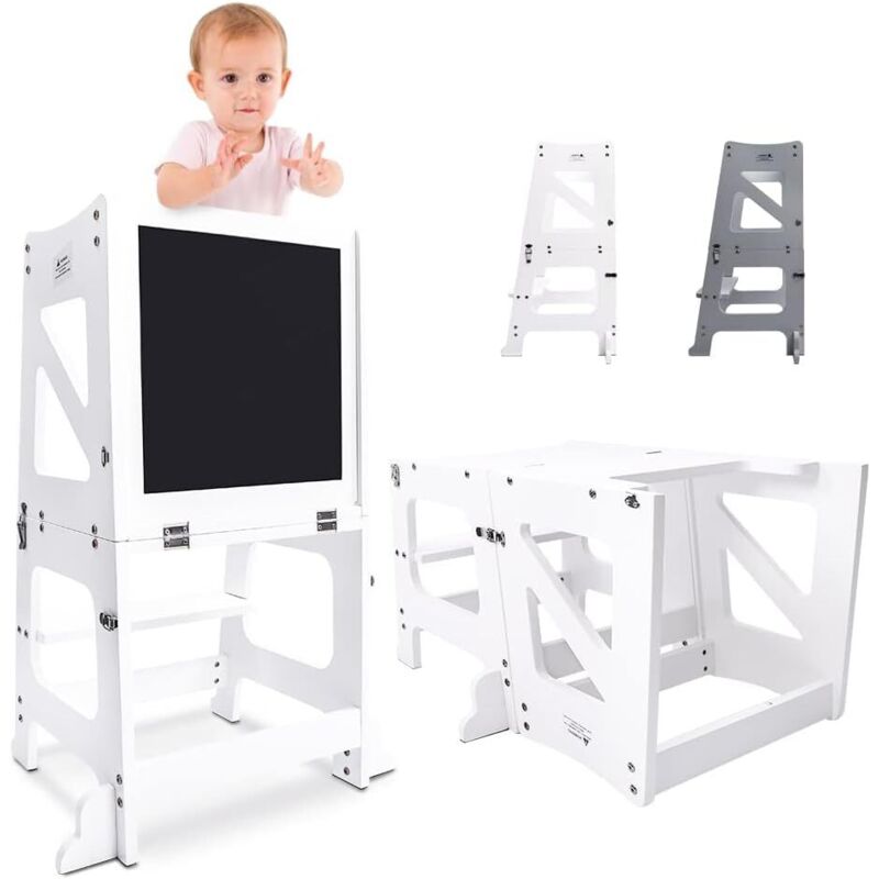 Chaise Haute Bébé 2 en 1,Tour d'apprentissage Pliable en Bois avec Tableau Magnétique Double-Face,Transformable Table et Chaise,Blanc