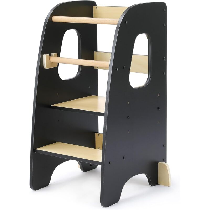 Chaise Haute Bébé Enfants en MDF,Tour d'Apprentissage 1 an+ Hauteur Réglable,Protection contre l’inclinaison,Sécurité MAX,Noir