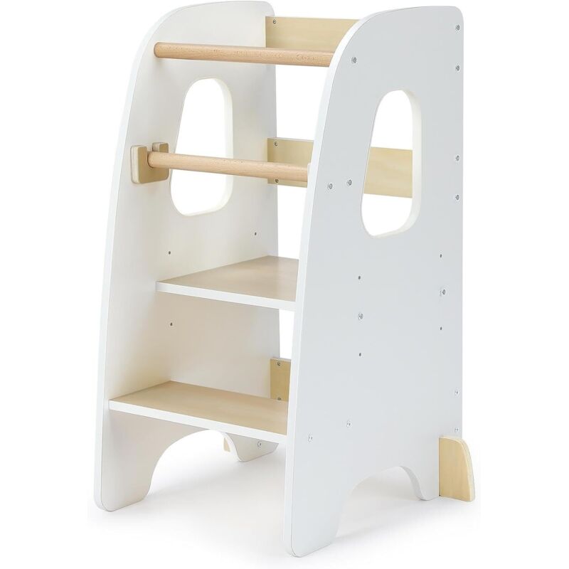 Chaise Haute Bébé Enfants en MDF,Tour d'Apprentissage 1 an+ Hauteur Réglable,Protection contre l’inclinaison,Sécurité MAX,Blanc