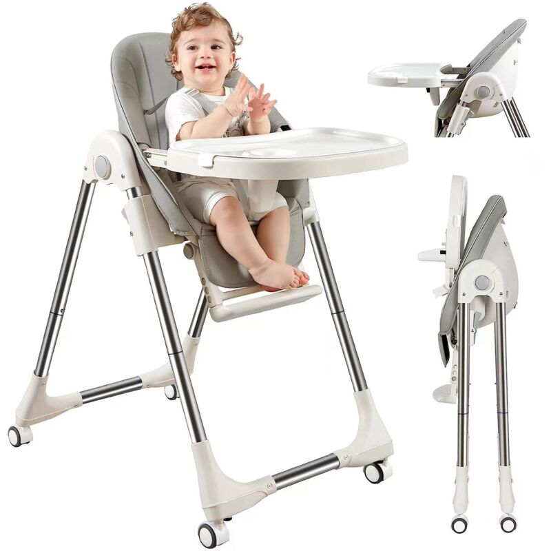 Chaise Haute Bébé Evolutive Pliable - avec Assise Confortable, Hauteur réglable - Plateau Repas Amovible - 4 Roues directionnelles - Gris