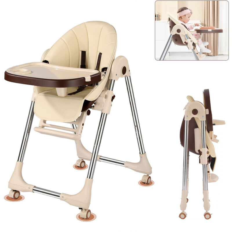 Chaise Haute Bébé Evolutive Pliable - Inclinaison du siège réglable - Hauteur réglable -Plateau Repas Amovible - 4 Roues - Beige