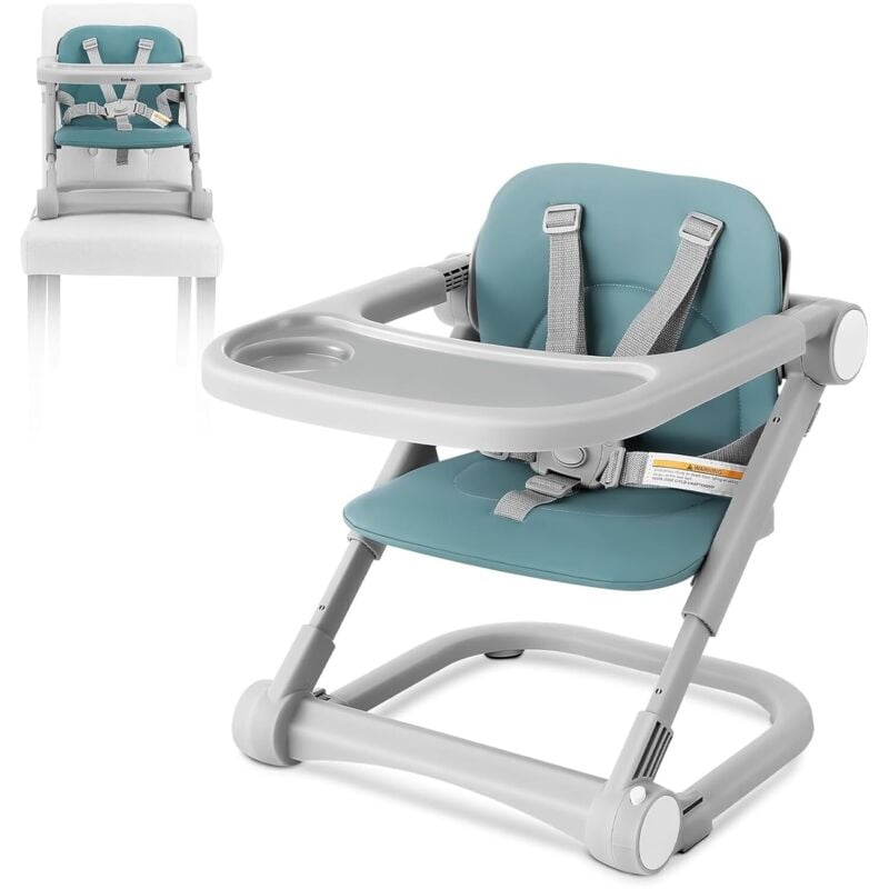 Chaise Haute Bébé pliable 3 en 1 avec plateau amovible,Coussin de siège en PU,Ceinture de sécurité à 5 points,Vert