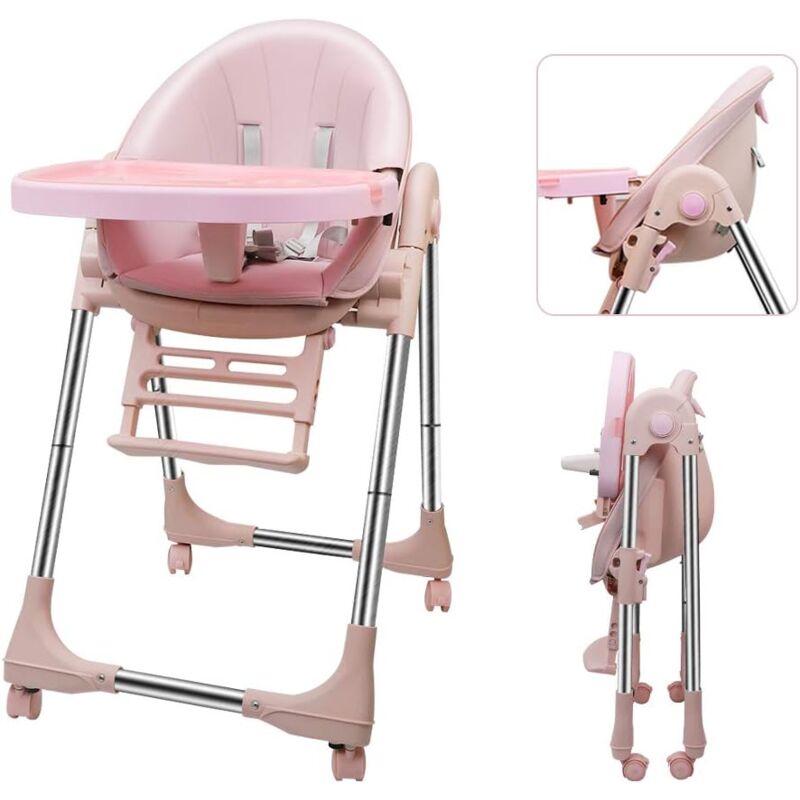 Chaise Haute Bébé Pliable Evolutive, Chaise Haute Enfant Réglable, Nettoyage facile, Avec Roulettes, Rose