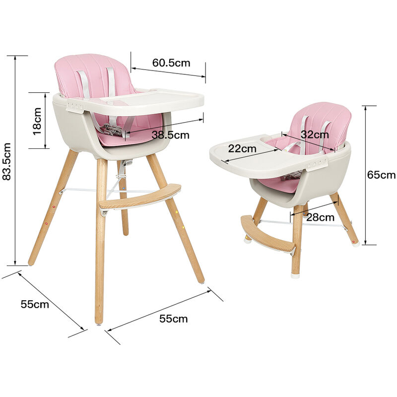 Chaise Haute Bébé, pour Réglable, Avec Plateau, Ceintures de Sécurité, de 6 mois à 3 ans, 40 kg, Chaise haute pour bébés transformable en et chaise