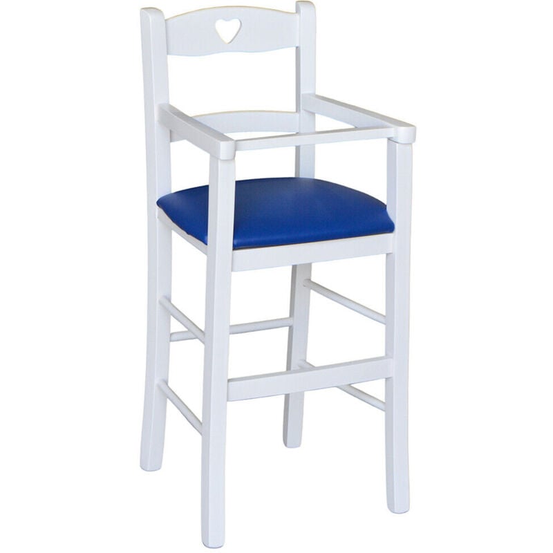 Chaise haute en bois blanc avec assise rembourrée en simili cuir bleu