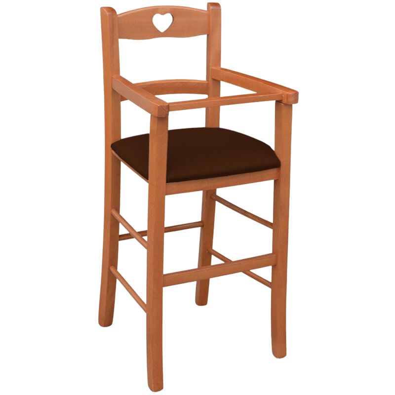 Chaise haute en merisier avec assise rembourrée en simili cuir marron