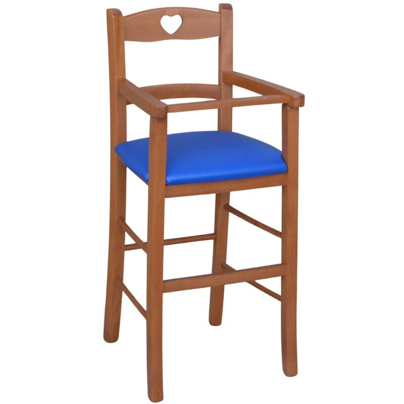 okaffarefatto - chaise haute en merisier avec assise rembourrée en simili cuir bleu