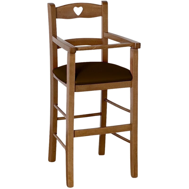 Chaise haute en bois de noyer clair avec assise rembourrée en simili cuir marron