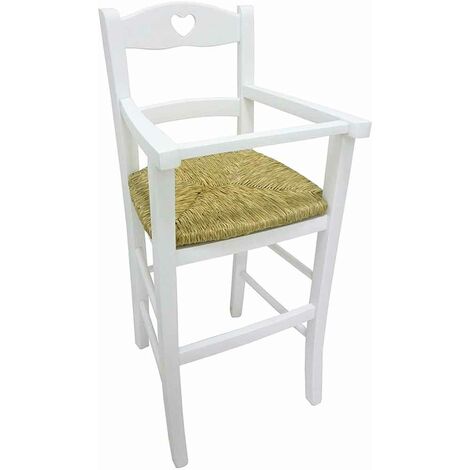 Chaise haute en bois laqué blanc avec assise en paille