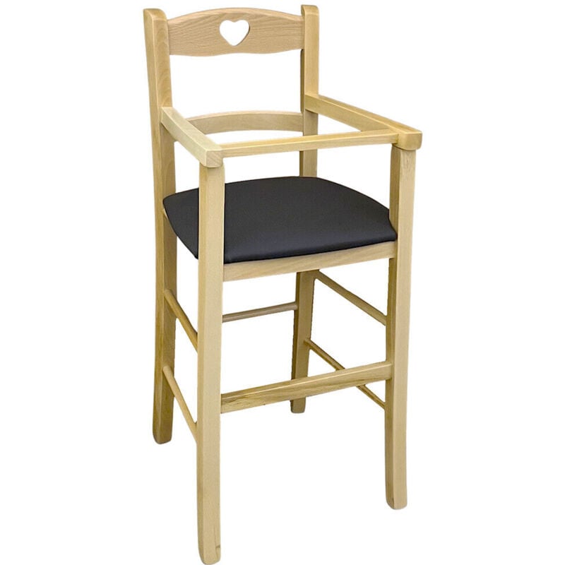 Chaise haute en bois naturel avec assise rembourrée en simili cuir marron