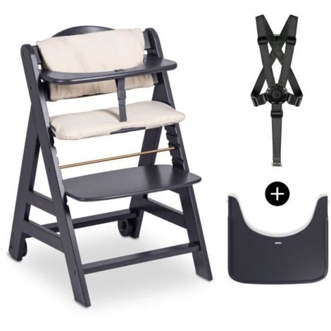 Chaise haute - HAUCK - BETA+ - Evolutive - De 6 mois a 90 kg - Bois FSC - Harnais 5 points - Roulettes - Gris