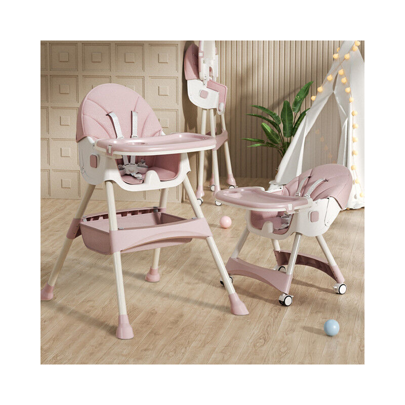Magicfox - Chaise haute pour bébé enfant 3 en 1 - Hauteur réglable - avec harnais 5 points, Plateau Amovible - Chaise Enfant à roulettes - Rose