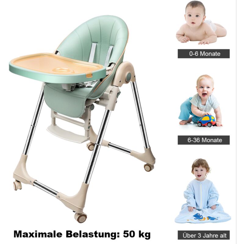 Keepbuying - Chaise Haute pour Bebe Evolutive, Reglable et Pliable - 7 Hauteurs Differentes, Dossier Enfant Inclinable 5 Positions - Vert - Vert