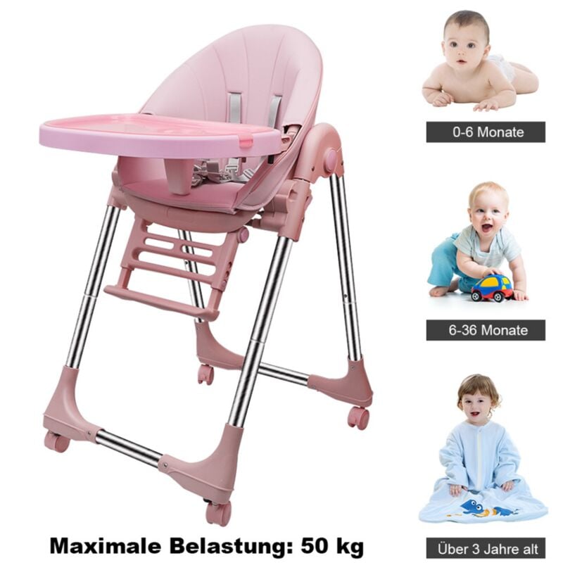 Chaise Haute pour Bebe Evolutive, Reglable et Pliable - 5 Hauteurs Differentes, Dossier Enfant Inclinable 5 Positions - Rose