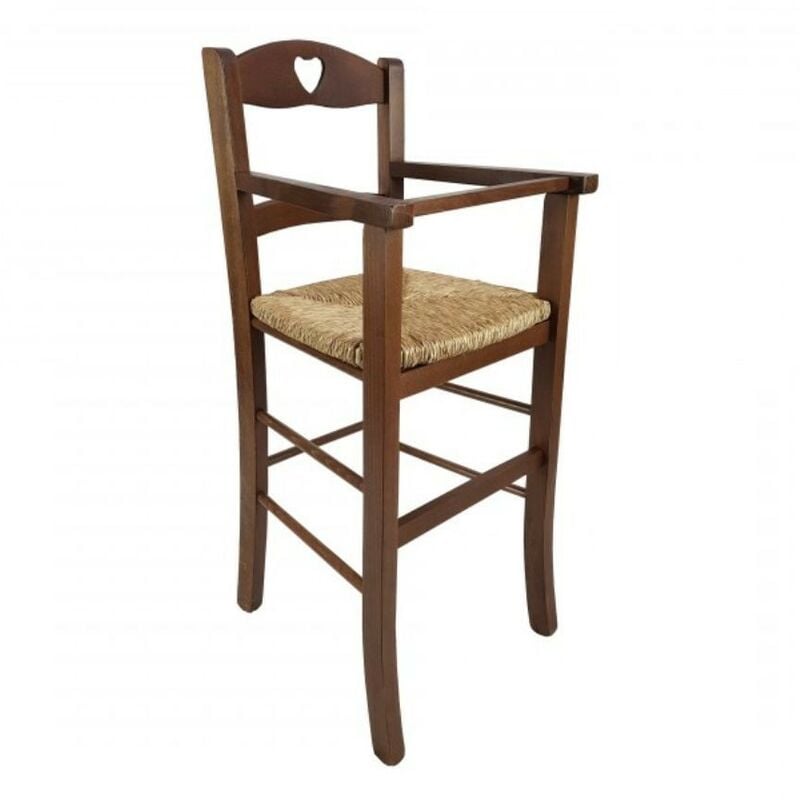 Chaise haute pour enfant en bois couleur noyer avec assise en paille