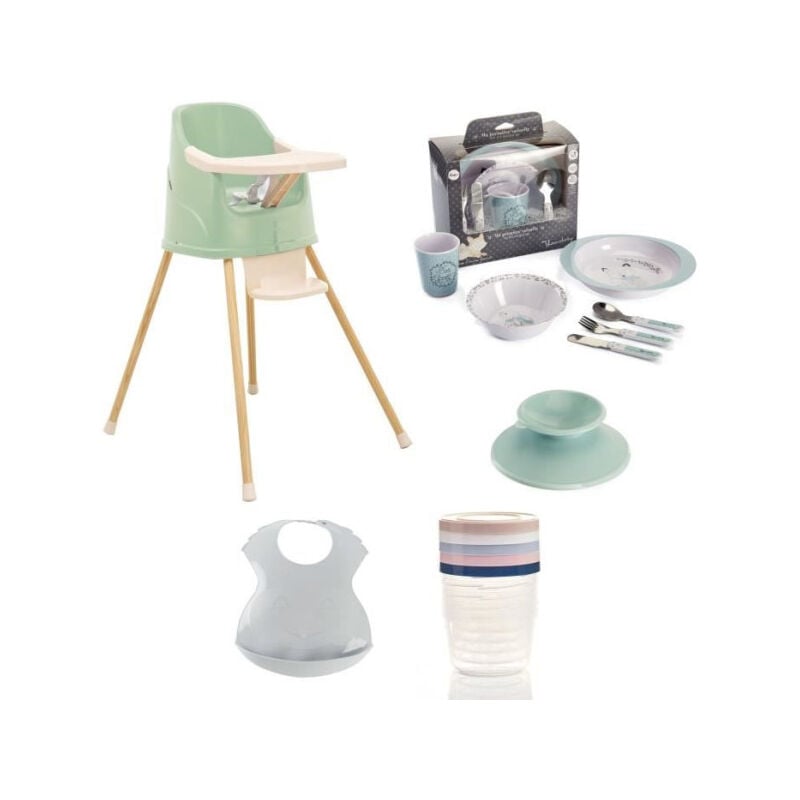 Thermobaby - Pack Repas youpla Chaise haute - Coffret vaisselle - 5 boîtes de conservation - Bavoir semi-rigide