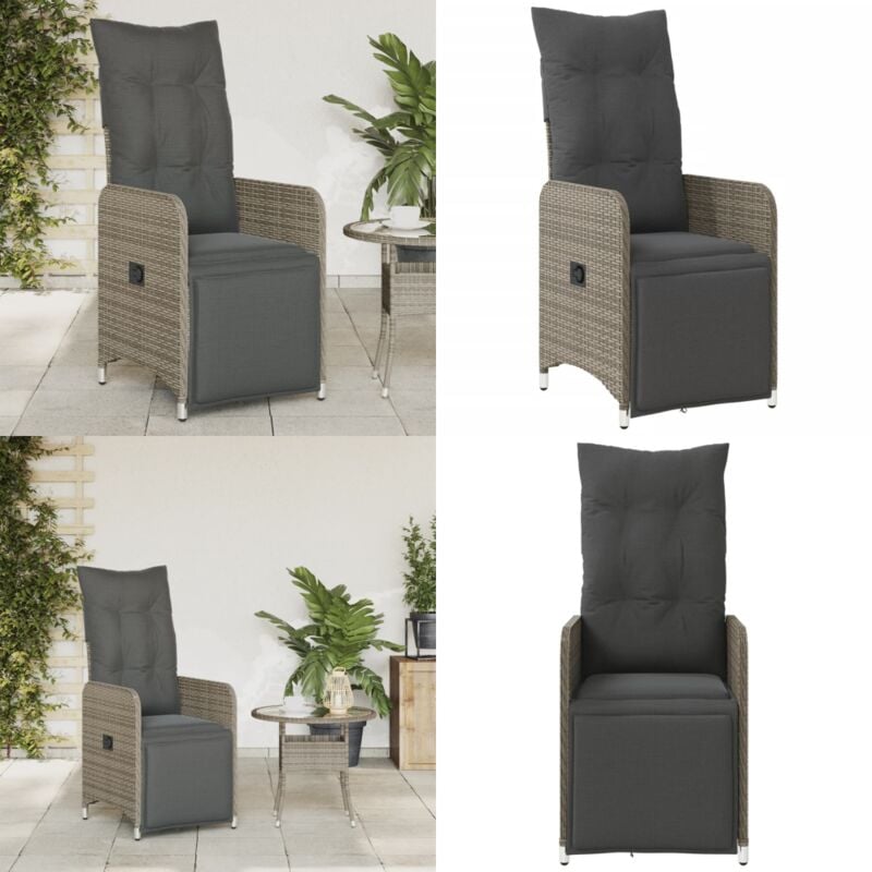Chaise inclinable de jardin avec coussins gris résine tressée - Chaise De Jardin Inclinable - Fauteuil De Jardin - Chaise Patio - Mobilier De Jardin