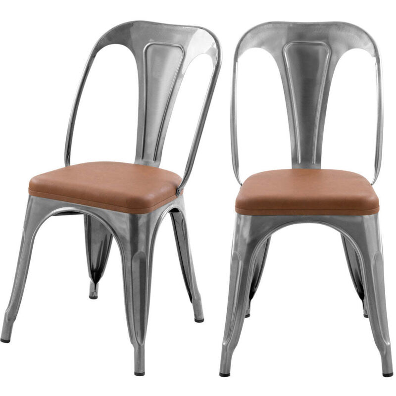 Rendez-vous Déco - Lot de 2 chaises en métal chrome et cuir synthétique marron - charly