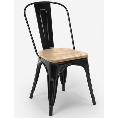 Chaise industrielle métal noir brillant et assise bois clair Kiten
