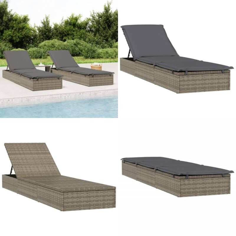 Chaise longue 1 pc avec coussin gris 201x55x62cm résine tressée - Transat - Chaise Longue - Salon De Jardin - Mobilier Extérieur - Lit De Bronzage