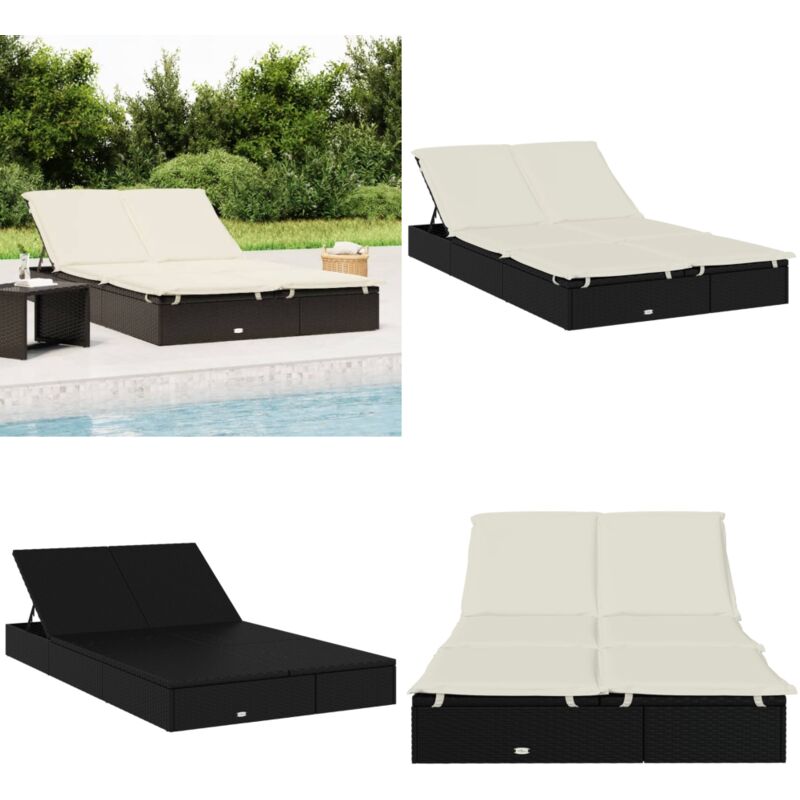 Chaise longue à 2 places avec coussins noir résine tressée - Transat - Chaise Longue - Salon De Jardin - Mobilier Extérieur - Lit De Repos - Home &