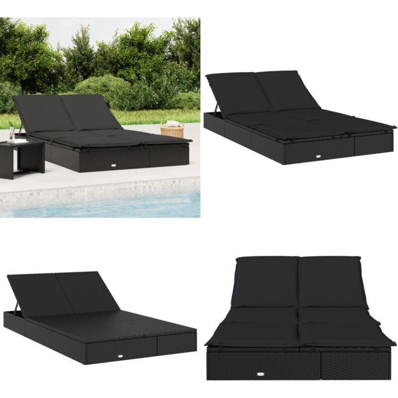 Chaise longue à 2 places avec coussins noir résine tressée - Transat - Chaise Longue - Salon De Jardin - Mobilier Extérieur - Bain De Soleil - Home &