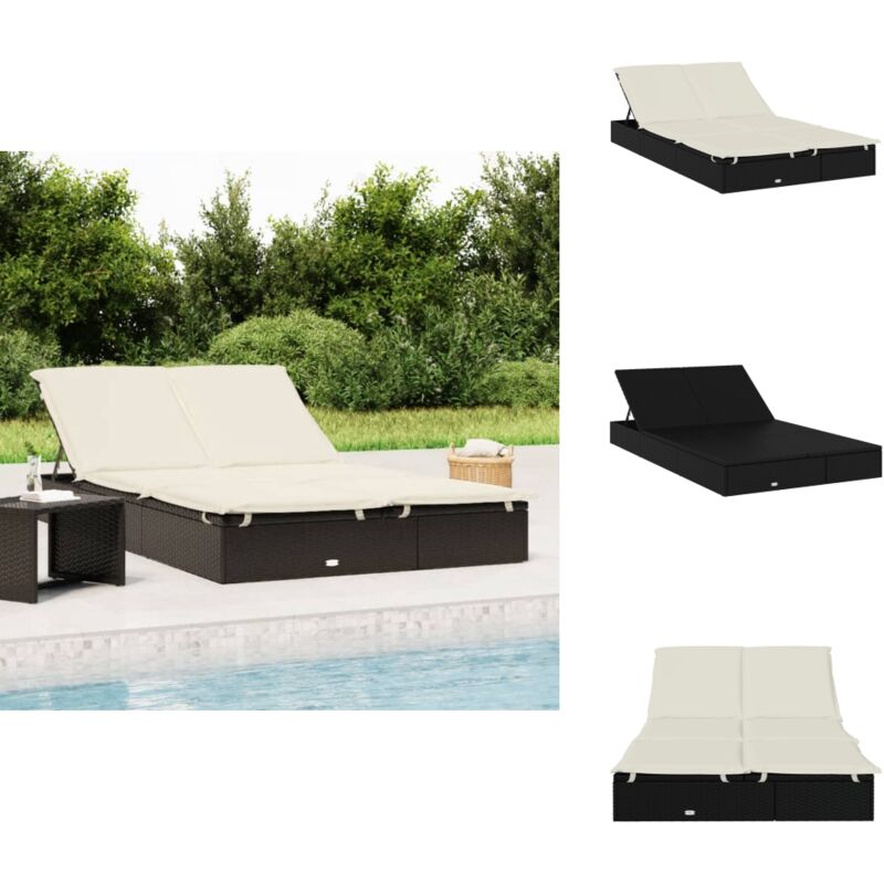 Chaise longue à 2 places avec coussins noir résine tressée - Transat - Chaise Longue - Salon De Jardin - Mobilier Extérieur - Lit De Repos
