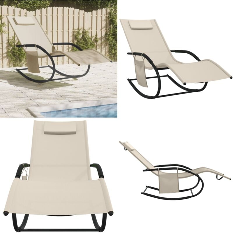 Chaise longue à bascule crème acier et textilène - Chaises Longues - Transats - Bain De Soleil - Fauteuil De Jardin - Relaxations Extérieur - Home &