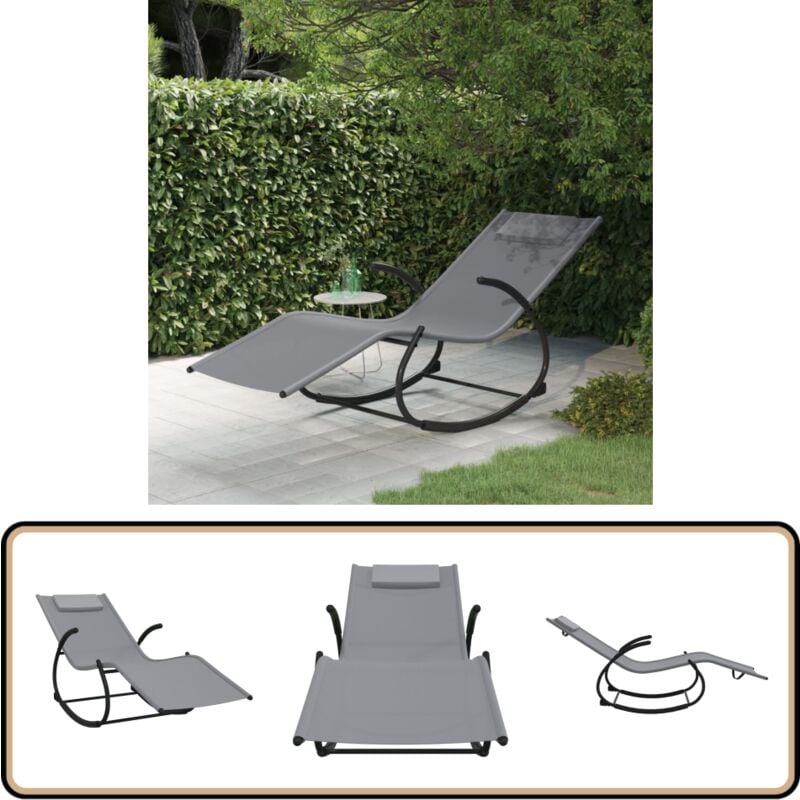 Chaise longue à bascule gris acier et textilène - Chaise Longue - Transats - Fauteuil De Jardin - Relax - Bain De Soleil