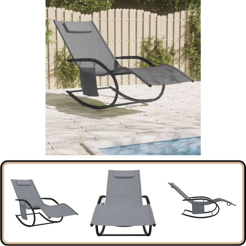 Chaise longue à bascule gris acier et textilène - Chaises Longues - Transats - Bain De Soleil - Fauteuil De Jardin - Relax