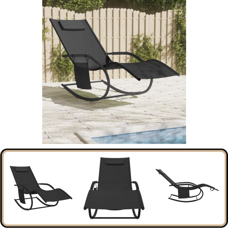 Chaise longue à bascule noir acier et textilène - Chaise Longue - Transats - Bain De Soleil - Fauteuil De Jardin - Relaxations Extérieur