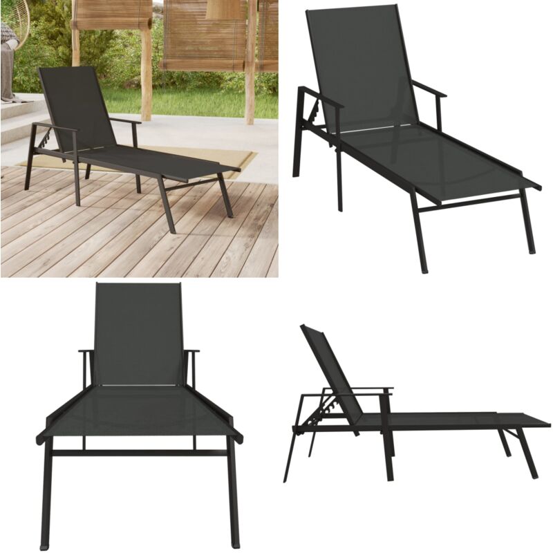 Chaise longue Acier et tissu textilène Noir - Chaises Longues - Chaises Longues Pliantes - Transats - Meubles De Jardin - Salon De Jardin - Home &