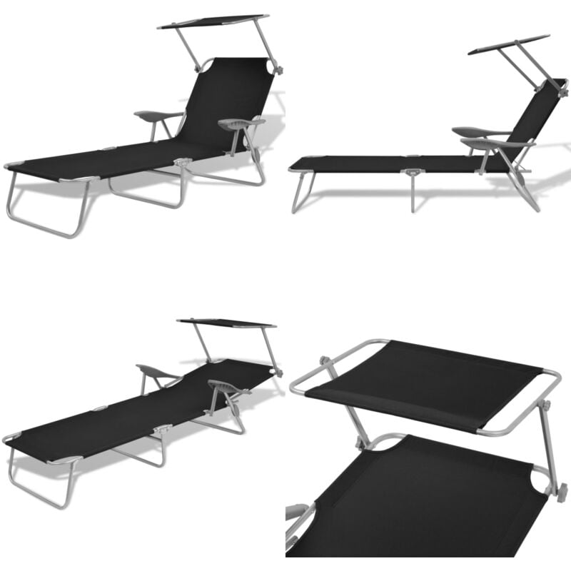 Chaise longue avec auvent Acier Noir - Chaises Longues - Transats - Mobilier De Jardin - Chaises De Jardin - Relaxations - Home & Living