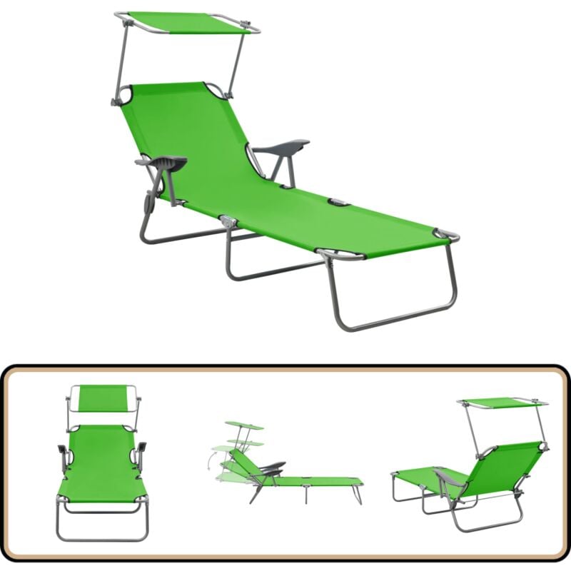 Chaise longue avec auvent acier vert - Chaises Longues - Transats - Bains De Soleil - Mobilier De Jardin - Chaises Extérieures