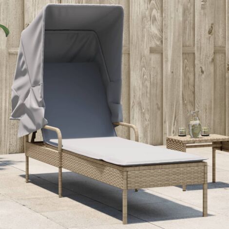 Chaise longue avec auvent-Bain de soleil-Transat de relaxation beige résine tressée 808464