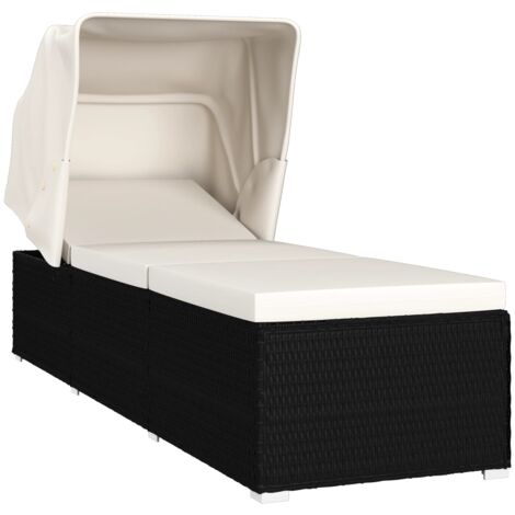 Chaise longue avec auvent et coussin Résine tressée Blanc crème
