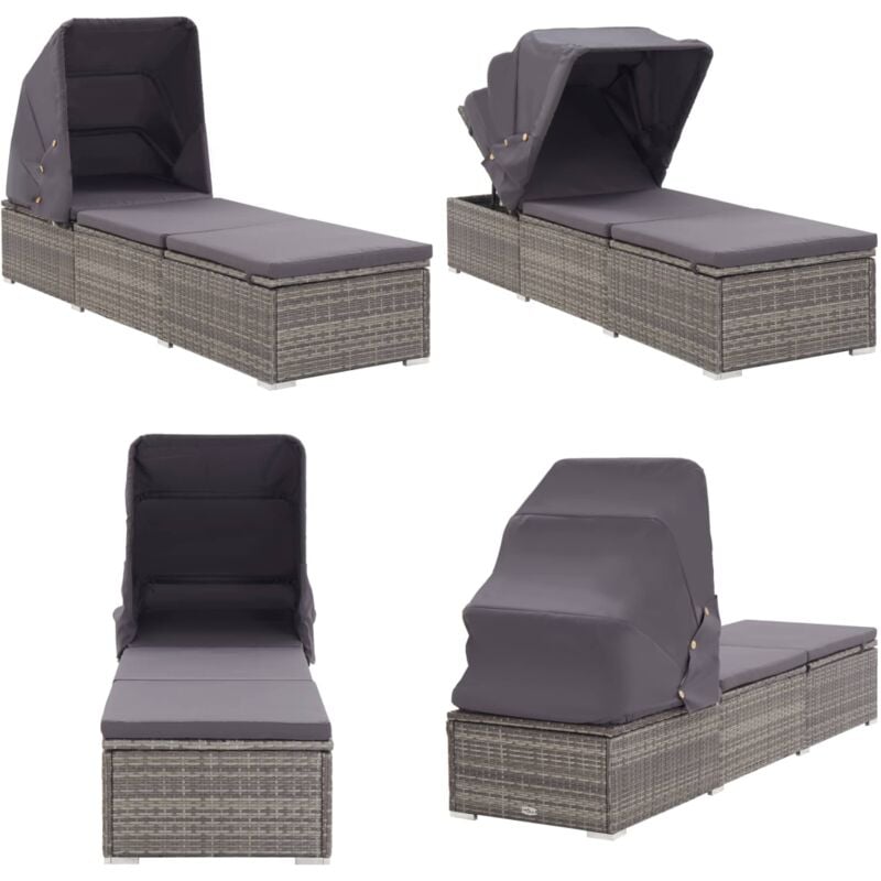 Chaise longue avec auvent et coussin Résine tressée Gris - Chaise Longue - Transat - Salon De Jardin - Mobilier De Jardin - Résine Tressée - Home &