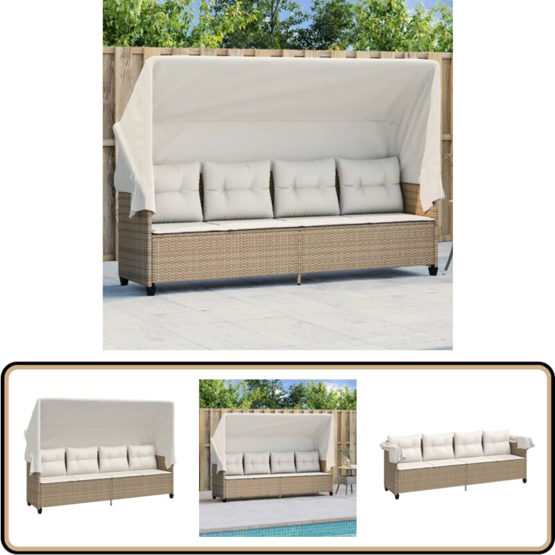 Chaise longue avec auvent et coussins beige résine tressée - Chaises Longues - Bains De Soleil - Meuble De Jardin - Salon De Jardin - Résine Tressée