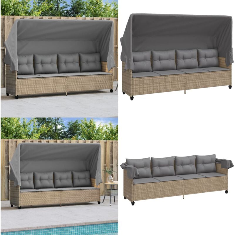 Chaise longue avec auvent et coussins beige résine tressée - Chaises Longues - Bains De Soleil - Mobilier De Jardin - Chaises Longues Pliantes