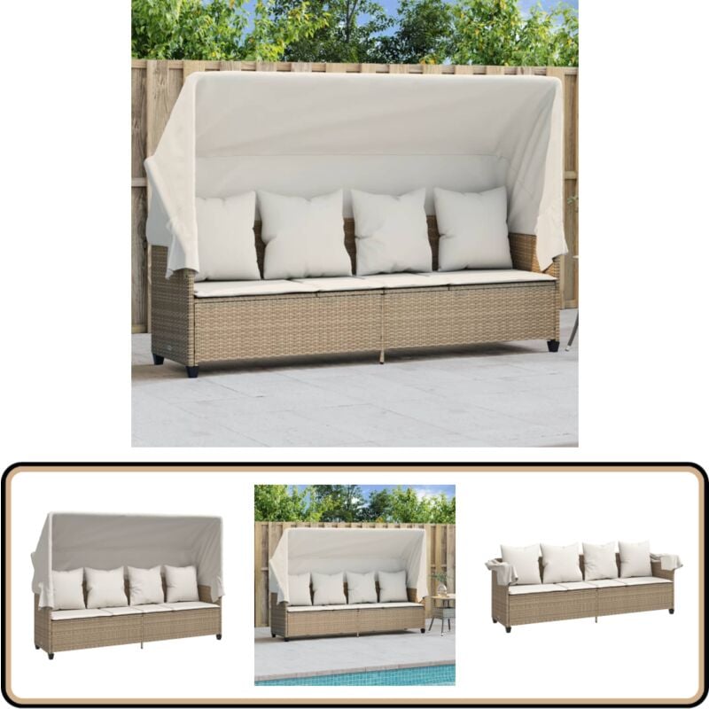 Chaise longue avec auvent et coussins beige résine tressée - Chaises Longues - Transats - Bains De Soleil - Mobilier De Jardin - Chaises Extérieures