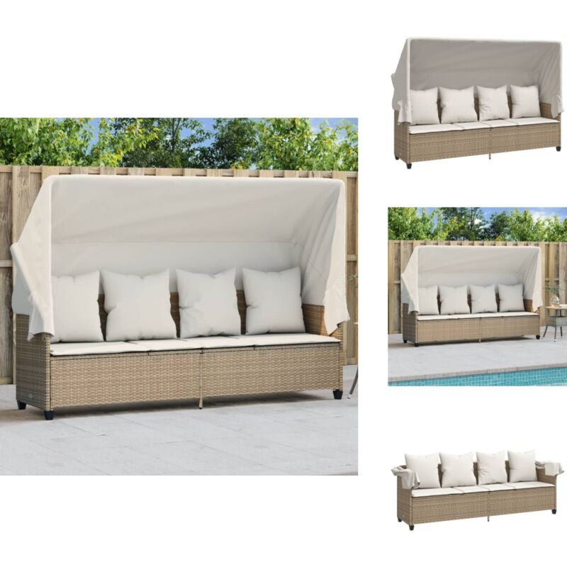 Chaise longue avec auvent et coussins beige résine tressée - Chaises Longues - Transats - Bains De Soleil - Mobilier De Jardin - Chaises Extérieures