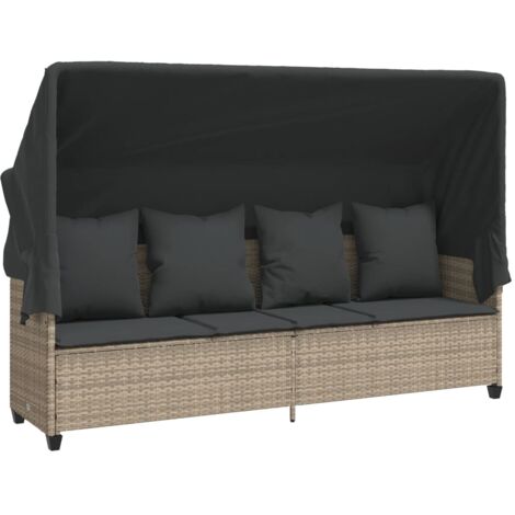 Chaise longue avec auvent et coussins gris clair résine tressée