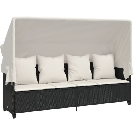 Chaise longue avec auvent et coussins noir résine tressée