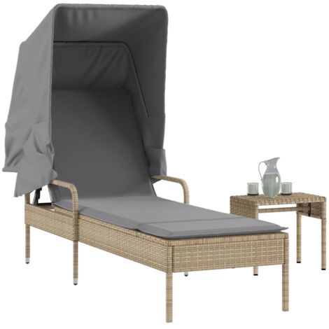 Chaise longue avec auvent et table-Bain de soleil-Transat de relaxation beige résine tressée 515854