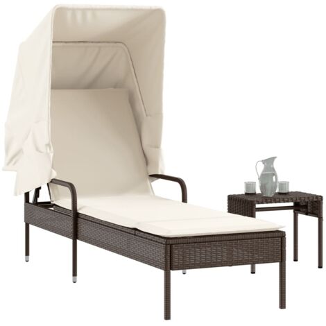 Chaise longue avec auvent et table-Bain de soleil-Transat de relaxation marron résine tressée 537042